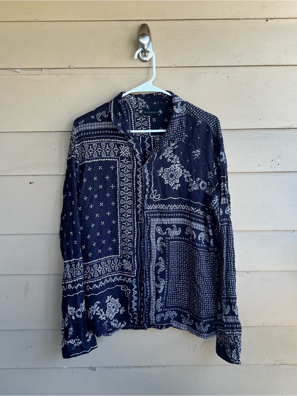 AllSaints Bandana Patchwork Button Down Shirt Size L Bohemian Paisley